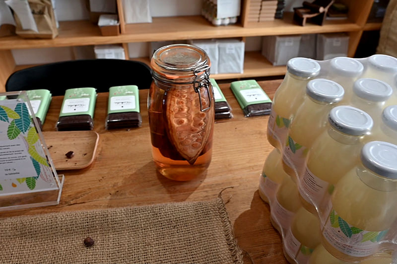 Kakaoschote, Kakaosaft, Tafeln Schokolade, Tisch | © Bert Schwarz 2025